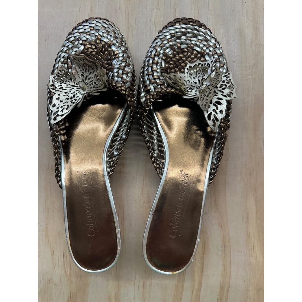 Coldwater Creek Womens Metallic Woven Butterfly Wedge Mules Bronze Silver Sz  7M